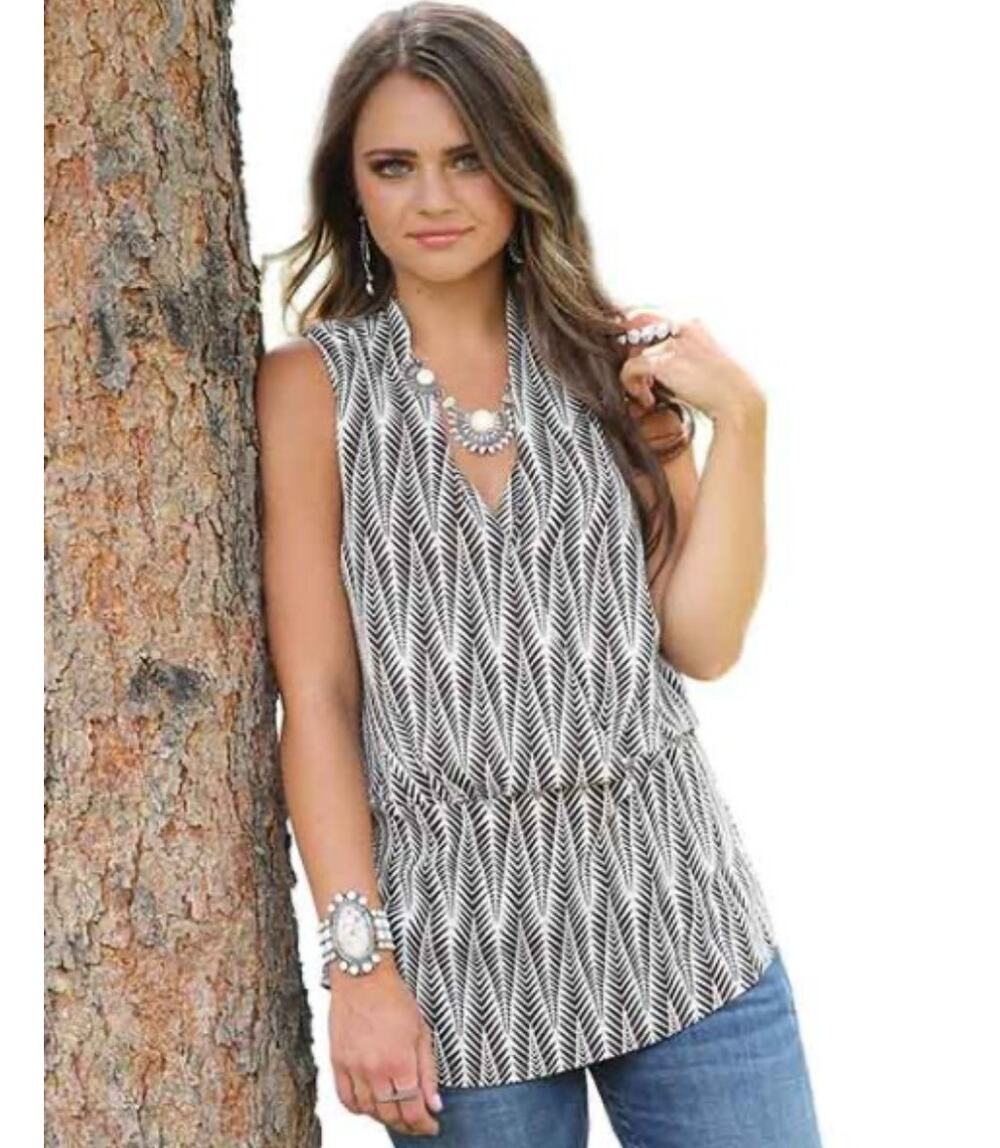 Cruel Denim Black White Wrap Blouson Sleeveless Top, Women's size S